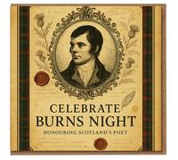 Celebrate Burns Night Greeting Card - Vintage Scottish Thistle and Tartan Design with Ornate Portrait Frame - Front Reads: Celebrate Burns Night, Honouring Scotland's Poet