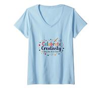 Celebrate Creativity One Dot at A Time V-Neck T-Shirt, Women, Baby Blue, L