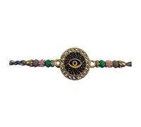 Celebrate Raksha Bandhan with beautifully handcrafted Rakhis in three stunning designs: Evil Eye for protection, Om for spirituality, and Stone Floral for elegance and grace. (Evil Eye Rakhi)