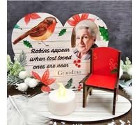 Celebrate the Holidays with 'When Robins Appear' Personalised Photo Heart on Stand With Miniature Chair - A Unique Christmas Memorial Keepsake and Remembrance Decoration
