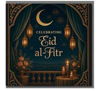 Celebrating Eid al-Fitr Greeting Card - Elegant Night Sky with Crescent Moon, Lanterns and Fireworks, Framed by Curtains and Roses - Islamic Eid Festival Card for Family and Friends