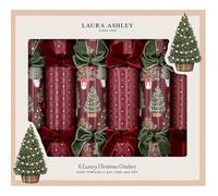 Celebration Crackers 6x13" Laura Ashley Farley Festive Xmas Crackers | Elegant Laura Ashley burgundy festive tree print with red and green velvet bows and traditional cracker contents.