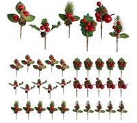 Celebration Directre 24Pcs Artificial Pine Picks, Christmas Pine Needles Red Berries Stems Christmas Wreath Making Supplies for Xmas Flower Arrangements Wreaths Decorations
