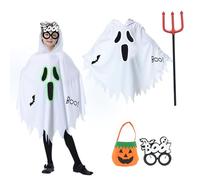 Celebration Directre 4PCS Ghost Halloween Costumes for Kids, Glow in the Dark Ghost Face Outfit White Cloak Hooded Pumpkin Bags Skeleton Glasses Devil Pitchfork for Trick-or-Treating Party