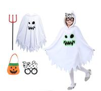 Celebration Directre 4PCS Halloween Ghost Costume for Kids, Glow in the Dark White Ghost Cloak Scary Ghost Face Cape with Hat Pumpkin Candy Bag Skeleton Glasses for Girls Boys Halloween Fancy Dress
