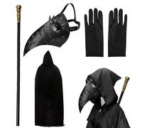 Celebration Directre 4PCS Halloween Plague Doctor Costume Plague Bird Doctor Mask Leather Long Nose Bird Beak Retro Bird Mask with Hooded Cloak, Black Gloves, Cane for Halloween Cosplay
