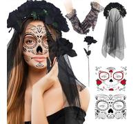 Celebration Directre Day of The Dead Headband, Floral Headband Veil Rose Floral Crown Fingerless Lace Gloves Face Tattoos Roses Bouquet for Halloween Party Dress Up Cosplay