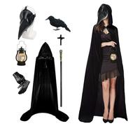 Celebration Directre Halloween Cosplay Costume Set, Leather Plague Doctor Mask Long Nose Bird Mask Black Hooded Cloak Gloves Crow Prop Scepter Cross Necklace Halloween Lanterns for Halloween Cosplay