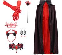 Celebration Directre Halloween Costumes Adult Women, Reversible Hooded Cloak Devil Horns Red Gloves Devil Fork Gothic Necklace Lace Mask Earrings Vampire Accessories for Women Girls Halloween Cosplay