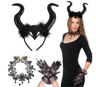 Celebration Directre Halloween Devil Hair Accessories, Witch Horn Headband Black Devil Horns with Lace Necklace Black Lace Gloves Halloween Witch Costume for Cosplay Masquerade Carnival