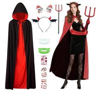 Celebration Directre Halloween Devil Vampire Costume Set, Vampire Cape Reversible Cloak Horns Fork Face Tattoo Devil Accessories for Masquerade Halloween Party Carnival Cosplay