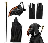 Celebration Directre Halloween Props Costume Set, Plague Doctors Mask PU Leather Long Nose Beak Mask with Black Hooded Cape, Short Gloves, King Cane for Halloween Party Cosplay Costume