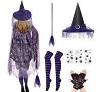 Celebration Directre Halloween Witch Costume Adult, Spider Web Witch Cape Witches Hat, Witches Broom, Stripe Stockings, Lace Gloves, Spider Tattoos for Halloween Adults Costume Accessory
