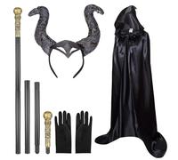 Celebration Directre Halloween Witch Costume Devil Costume Set- Witch Horn Headband Black Hooded Cape King Scepter Black Gloves Witch Costume Accessories for Halloween Cosplay Accessories