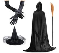 Celebration Directre Halloween Witch Costume for Women, Black Velvet Cape Witch Cape Witch Hat Satin Gloves Broom Fancy Dress Accessory for Halloween Party Cosplay