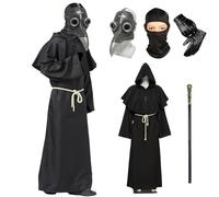 Celebration Directre Plague Doctor Mask Retro Leather Bird Mask Wizard Hooded Cloak Priest Robe Leather Gloves Cross Necklace Scepter Belt Balaclava Medieval Cosplay Costumes for Halloween Party