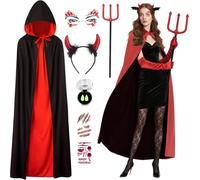 Celebration Directre Vampire Costumes for Women, Black Red Cape Cloak Devil Horns Devil Fork with Vampire Teeth Face Tattoo Scar Tattoo Devil Accessories for Masquerades and Theme Parties