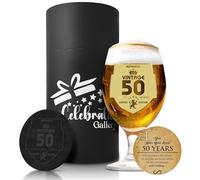 Celebration Gallery Beer Glasses Gifts - Personalised Gifts Custom Mug with Leather Coaster - 400ml Pint Glasses Beer Gifts for Men - Food-Grade Glass Mugs for Men in Elegant Gift Box (50TH)