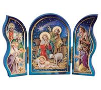 celebrationgiftsforall Christmas Nativity Scene Triptych Wooden Plaque of Our Holy Family Jesus in a Manger, Wise Men, Kings and a Shepherd with Gold Highlights