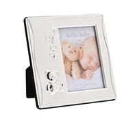 Celebrations - Hello Baby 3" x 4" - Newborn Baby Silver Plated Square Self-Standing Picture Photo Frame with Teddy Icon. Gift and Display Frame Celebrating Babies, Life, Mothers