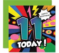 Celebratory 11th Birthday Card - Bursting with Birthday Energy - Bright Multicolour Design with Bold '11 Today' Graphics - 145mm Square, Envelope Included