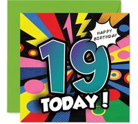 Celebratory 19th Birthday Card - Big 1-9 Energy - Vibrant Multicolour Design with Bold HAPPY BIRTHDAY 19 TODAY ! Graphics - 145mm Square, Envelope Included