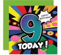 Celebratory 9th Birthday Card - Bursting with Fun - Vibrant Comic-style Number 9 on a Bright Multicolour Background - 145mm Square, Envelope Included