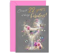 Celebratory Milestone Birthday Card for Friend, 'Cheers to 22 Years of Being Fabulous' Gift, Chic Design with Classic Cocktails, For Her, Blank Inside with Envelope