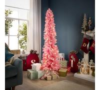 Celebright 6ft / 1.8m Artificial Pencil Slim Space Saving Christmas Tree, Pre-Lit With 110 Warm White LED Lights (Pink)