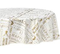 Celebright Christmas PVC Tablecloth - Gold Joyful Holiday Expressions - 70in Round in White Celebright White