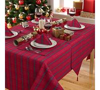 Celebright Christmas Tartan Tablecloth & Napkins Set - Rectangular 52 x 90 inches (132 x 228 cm) & Pack of 8 Matching Napkins - Ideal for 4-8 Dinner Settings - Scottish - Red, Green & Metallic Gold