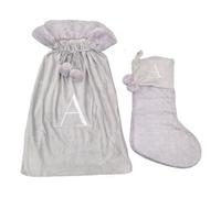 Celebright Matching Christmas Sack & Stocking Set with Embroidered Letter in Light Grey | Size: A Celebright Light Grey A