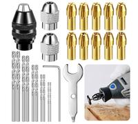 Celepoir 25 Pcs Drill Chuck Collet Kit, 0.8-3.2mm Multi Chuck Collet Set, with 10 Wood Drill Bit, Metal Nut & Wrench, 1/32"-1/8" Shank Replacement 4486 Rotary Tool Keyless Quick Change Accessory