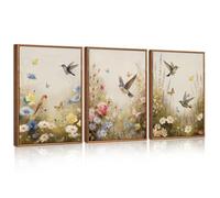 Celestdeco Floral Bird Framed Canvas Wall Art Set of 3, Vintage Garden Wall Decor, Nature Wildflower and Bird Wall Painting, Botanical Flower Decorations for Dining Room Bedroom Decor 30x40cm