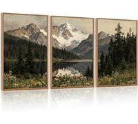 Celestdeco Framed Snowy Mountain Forest Canvas Wall Art,Woodland Forest Lake Landscape Wall Decor,Modern Natural Green Wildflower Poster for Farmhouse Living Room Bedroom Office 30x40cm