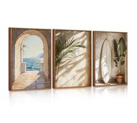 Celestdeco French Landscape Framed Canvas Wall Art Set, Ocean Coastal Style Wall Decor, Palm Tree Surfboard Wall Painting, Ocean Seascape Poster for Living Room, Bedroom 30x40cm