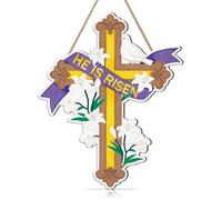 Celestdeco He Is Risen Easter Decorations Wooden Front Door Sign Hanging,3D Cross Spring Flower Jesus Easter Home Wall Art,Religious Wood Sign Decor for Front Door Yard Gift