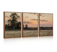 Celestdeco Large Framed Countryside Landscape Canvas Wall Art, Wildflower Sunset Fireflies Poster,Vintage Farmhouse Natural Scenery Wall Decor for Living Room Bedroom Office 30x40cm