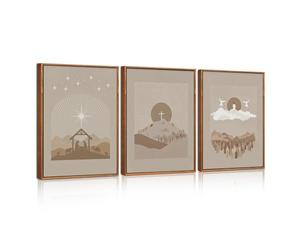 Celestdeco Large Jesus Framed Wall Art Set of 3 Christian Nativity Religious Canvas Wall Decor Grey Brown Catholic Bible Verse Artwork for Church Living room Bedroom 30x40cm