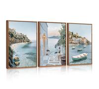 Celestdeco Natural Coastal Ocean Framed Canvas Wall Art Set,Modern Whitewashed Architecture Scenery Wall Decor, Mediterranean Beach Boat Landscape Poster for Living Room, Bedroom 30x40cm