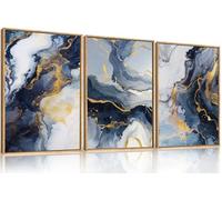 Celestdeco Navy Blue and Gold Framed Canvas Wall Art Set,Mid-century Modern Abstract Wall Decor,Navy Blue Ink Wash Painting,Neutral Art Print for Living Room,Bedroom,Dining Room,Office - 24"x36"x3