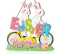 Celestdeco Spring Easter Welcome Sign,Happy Easter Wreaths for Front Door,Welcome Door Wreath,Colorful Eggs Rabbit Bunny Wall Decor,Spring Holiday Wall Hanging for Porch Wall Indoor Home Decor