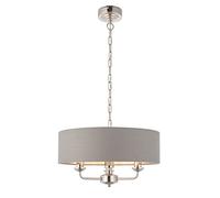 CELESTE Decorative Pendant Ceiling Light - Bright Nickel 3 Way Multi Arm Pendant with Charcoal Coloured Fabric Shade - Height Adjustable Indoor Dimmable Light