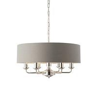 CELESTE Decorative Pendant Ceiling Light - Bright Nickel 6 Way Multi Arm Pendant with Charcoal Fabric Shade - Height Adjustable Indoor Dimmable Light