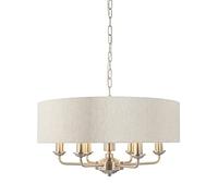 CELESTE Decorative Pendant Ceiling Light - Brushed Chrome 6 Way Multi Arm Pendant with Natural Coloured Fabric Shade - Height Adjustable Indoor Dimmable Light