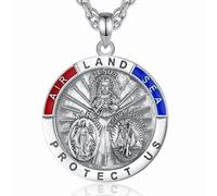 CELESTIA 3-Way WWII Land-Air-Sea Military Protection Medal Necklace for Men 925 Sterling Silver Religious Pendant with St Christopher Adjustable Chain - Gift for Dad, Husband, Veterans