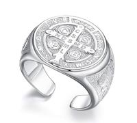 CELESTIA St. Benedict Signet Ring for Men Men's Polished 925 Sterling Silver Protection Cross Sovereign Rings Open Circle Pinky Ring Adjustable Size Gifts for Dad Husband Him