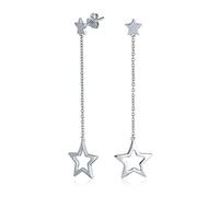 Celestial American Patriotic USA Rock Star Chain Long Linear Dangle Open Star Earrings For Women Teen .925 Sterling Silver 2.5 Inch
