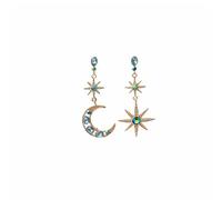 Celestial Asymmetrical Earrings for Women Vintage Star and Moon Earrings Design Blue Crystal Fun Earring 6.2cm Whimsical Jewelry for Astrology Lovers Boho Festival Gift