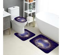 Celestial Bathroom Mat Sets 3 Piece, Elegant Sun and Moon Pattern Absorbent Non Slip Toilet Rugs U Shaped Washable, Cosmic Quick Dry Memory Foam Bathroom Rug Set